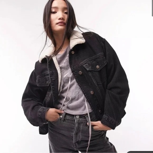 Topshop Moto Sherpa Lined Black Denim Jacket - Picture 2 of 11